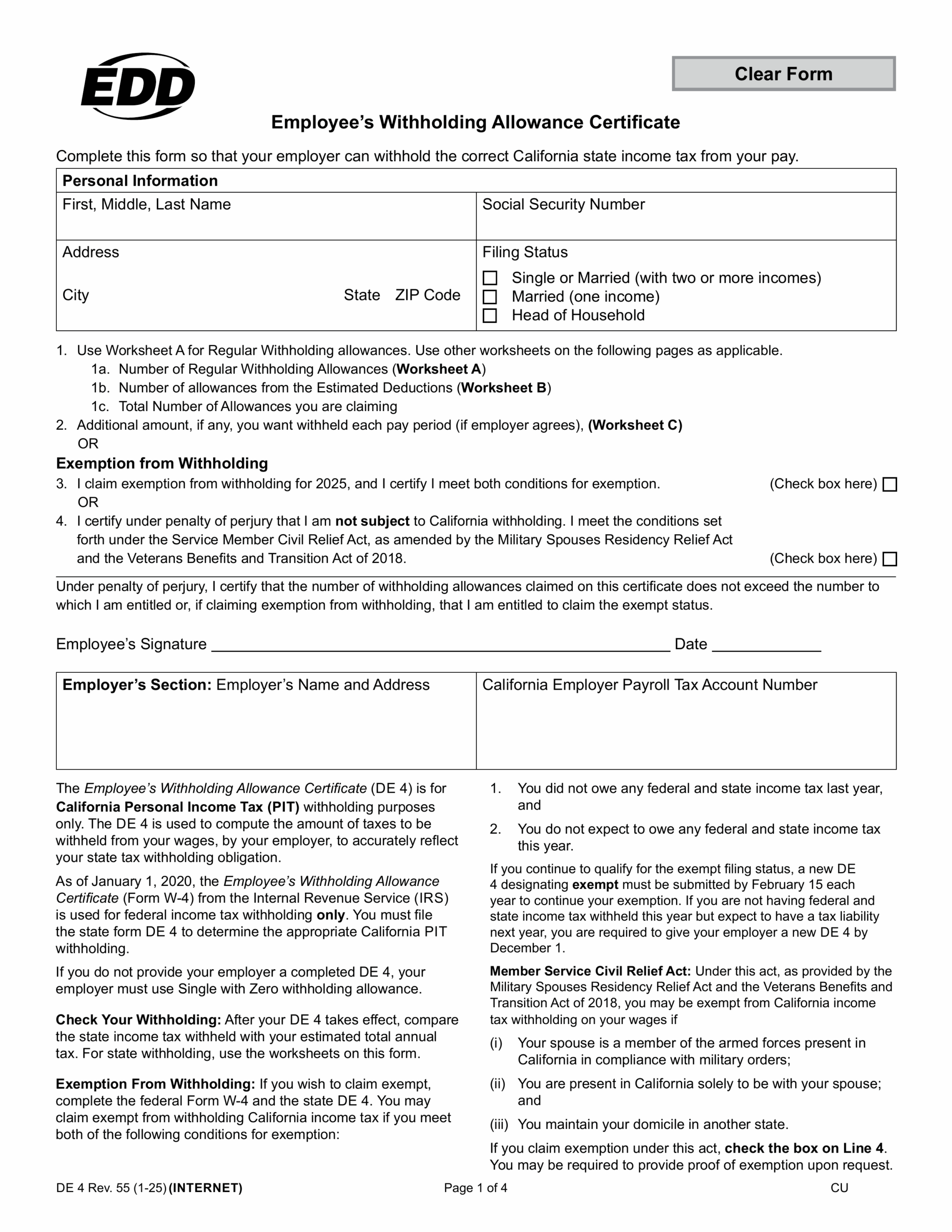 Fill Form DE 4 Employee s Withholding Allowance Certificate 2024 2025 Fill Form DE 4 Employee s Withholding Allowance Certificate 2024 2025
