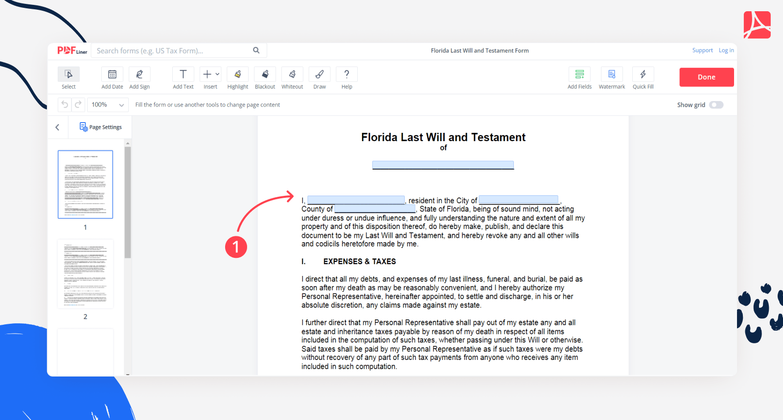 Fillable Florida Last Will And Testament Form PDFliner