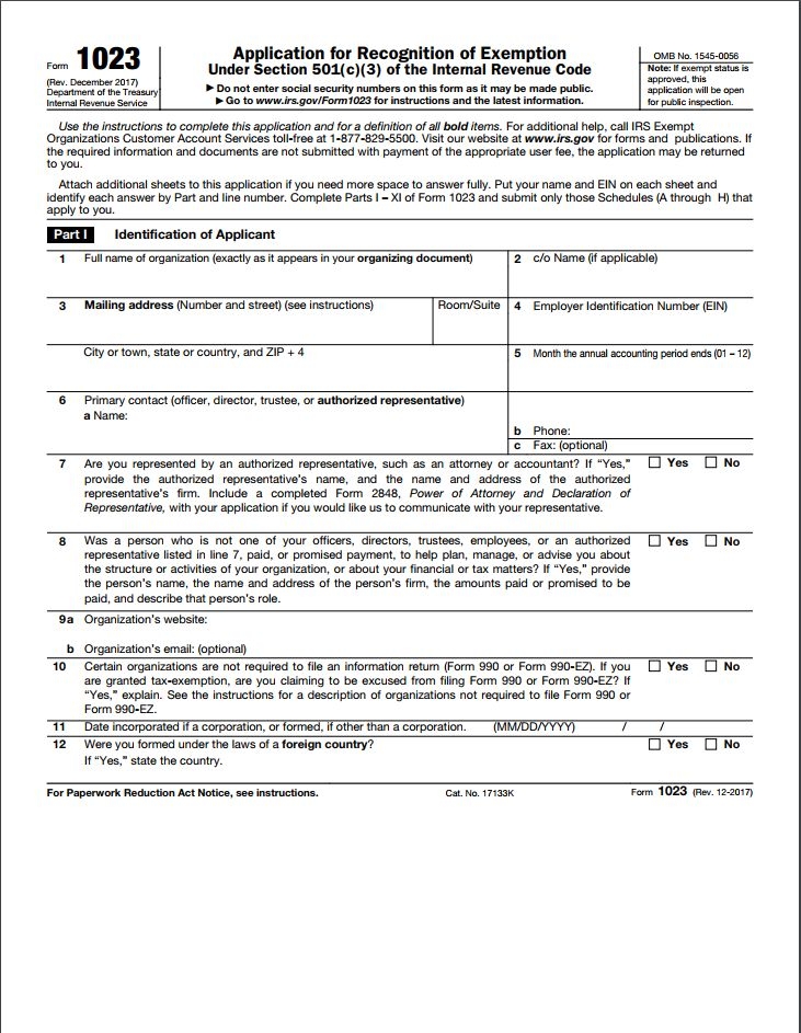 Fillable Form 1023 Application For 501 c 3 Exemption