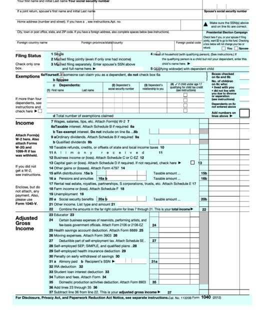 Fillable Form 1040 U s Individual Income Tax Return 2012 Printable