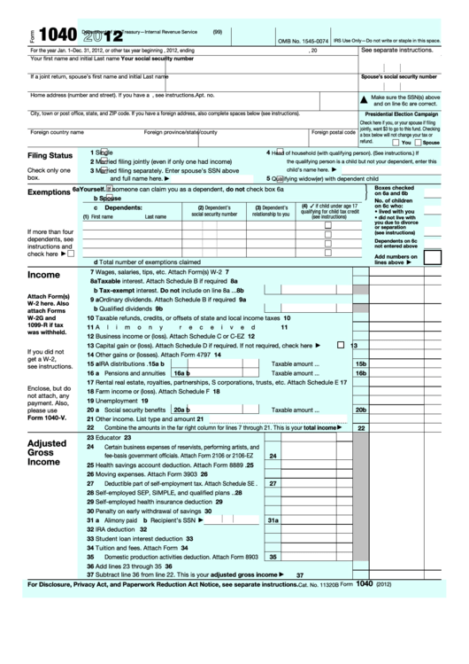 Fillable Form 1040 U s Individual Income Tax Return 2012 Printable 