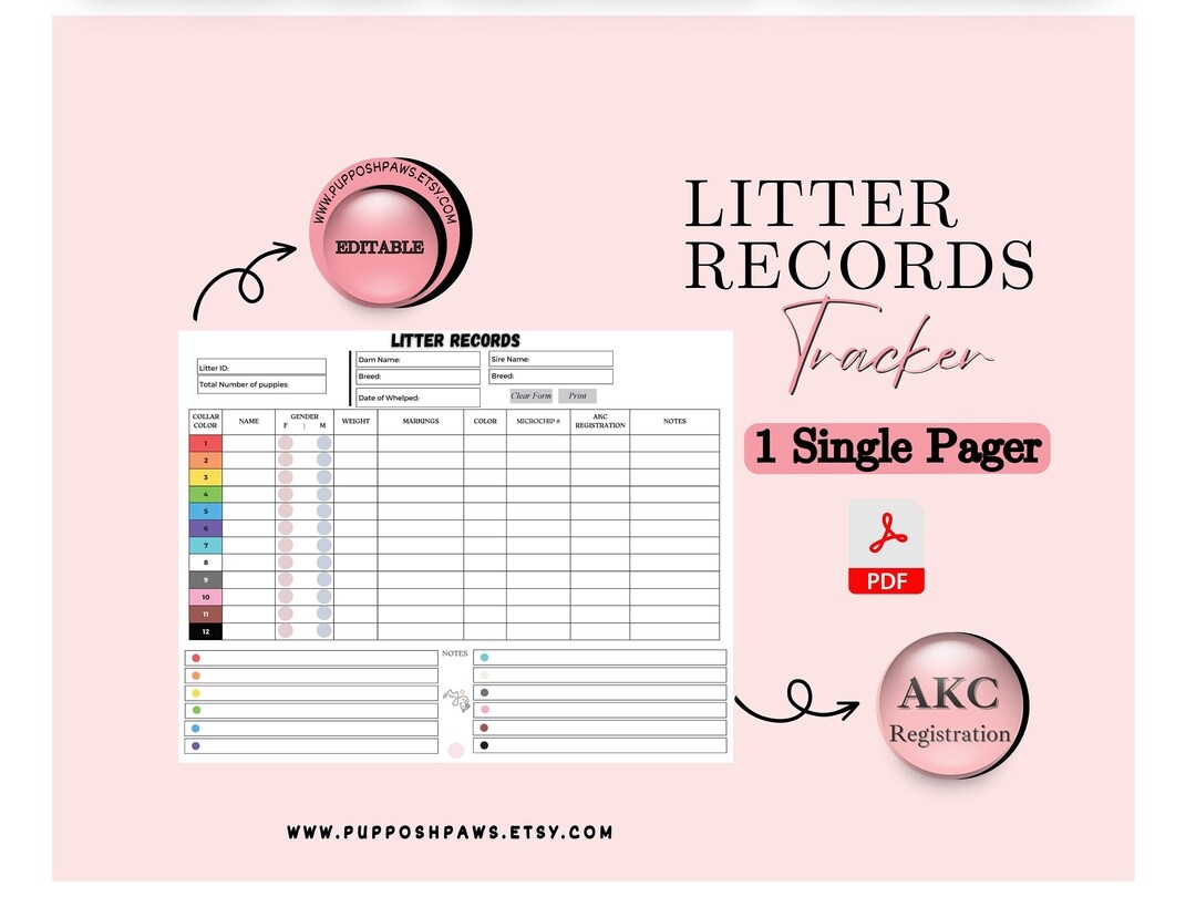Fillable Litter Record Tracker Whelping Records Whelping Collar Identification Puppy Medical Record Weight Tracker AKC Etsy