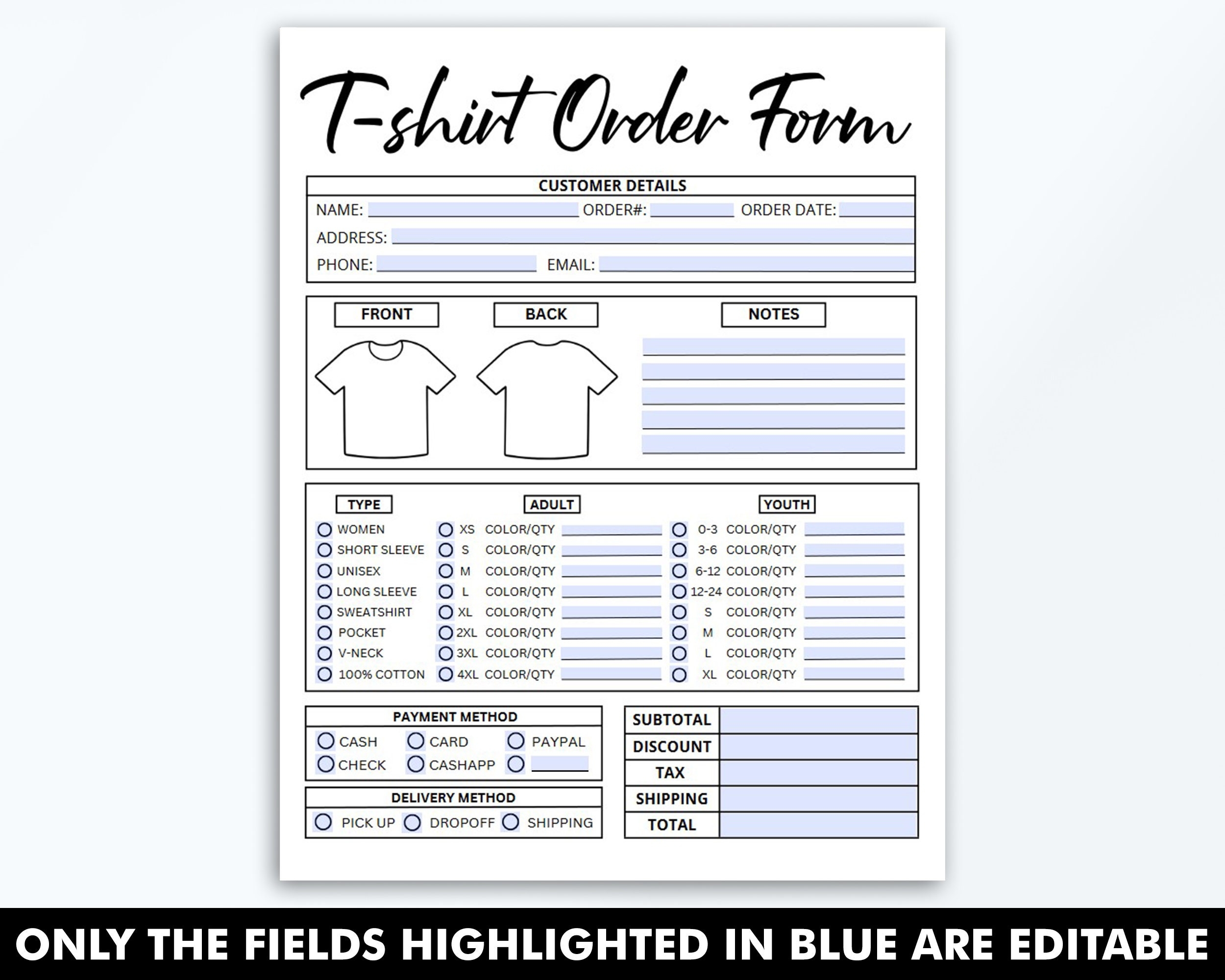 Fillable T shirt Order Form Template Editable Shirt Order Form 