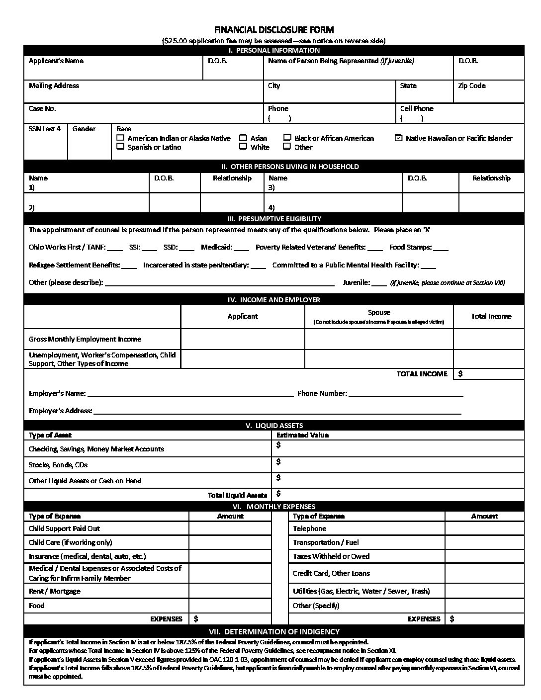 Financial Disclosure Form Indigency Application Lake County Domestic Relations Court