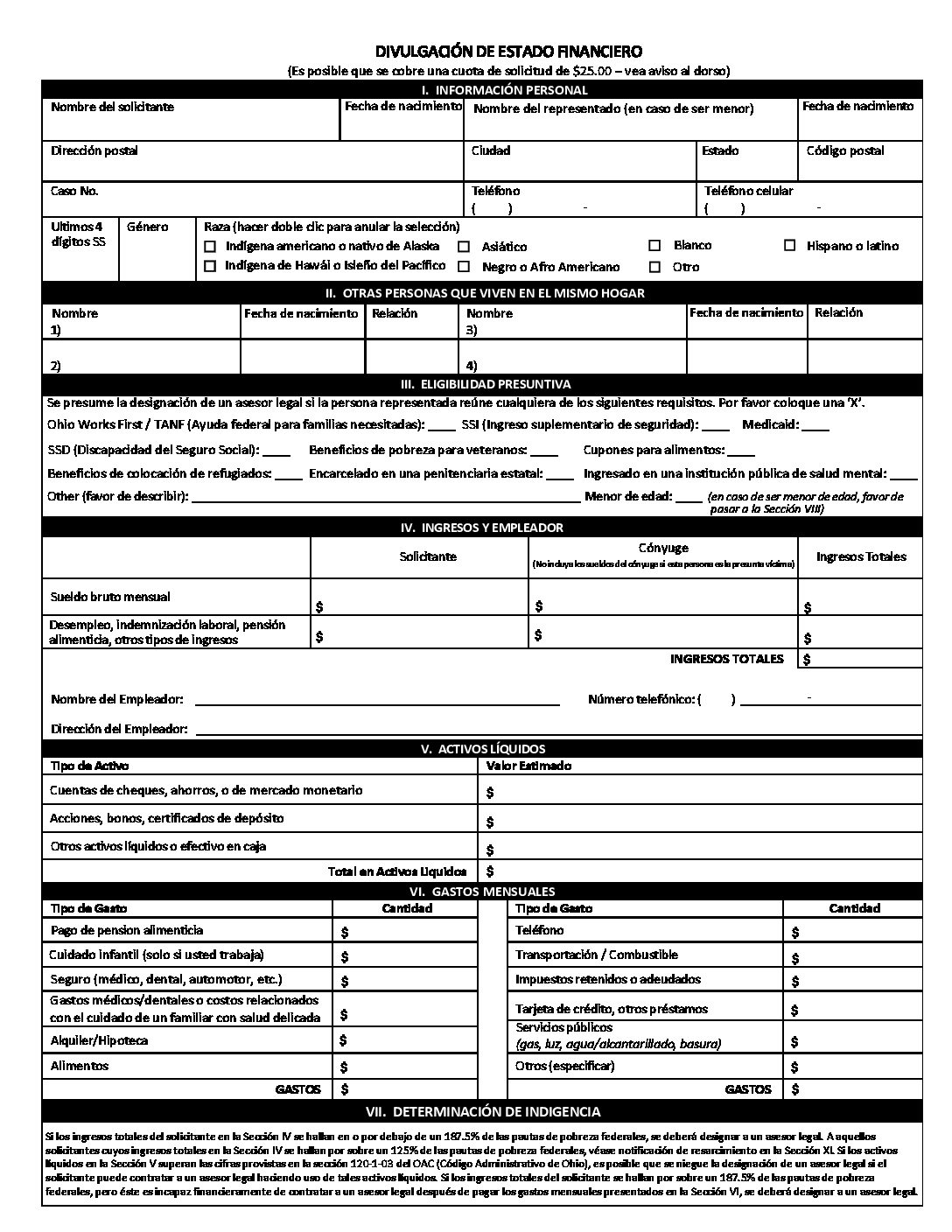 Financial Disclosure Form Indigency Application Spanish Lake County Domestic Relations Court