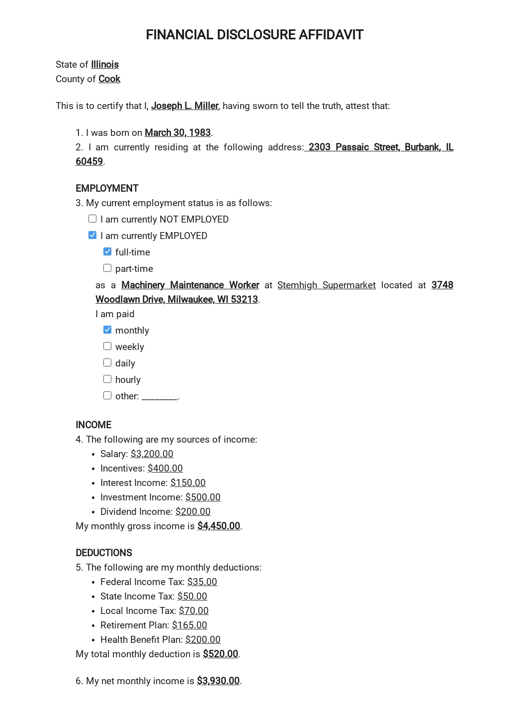 Financial Disclosure Of Affidavit Template In Word Google Docs Download Template