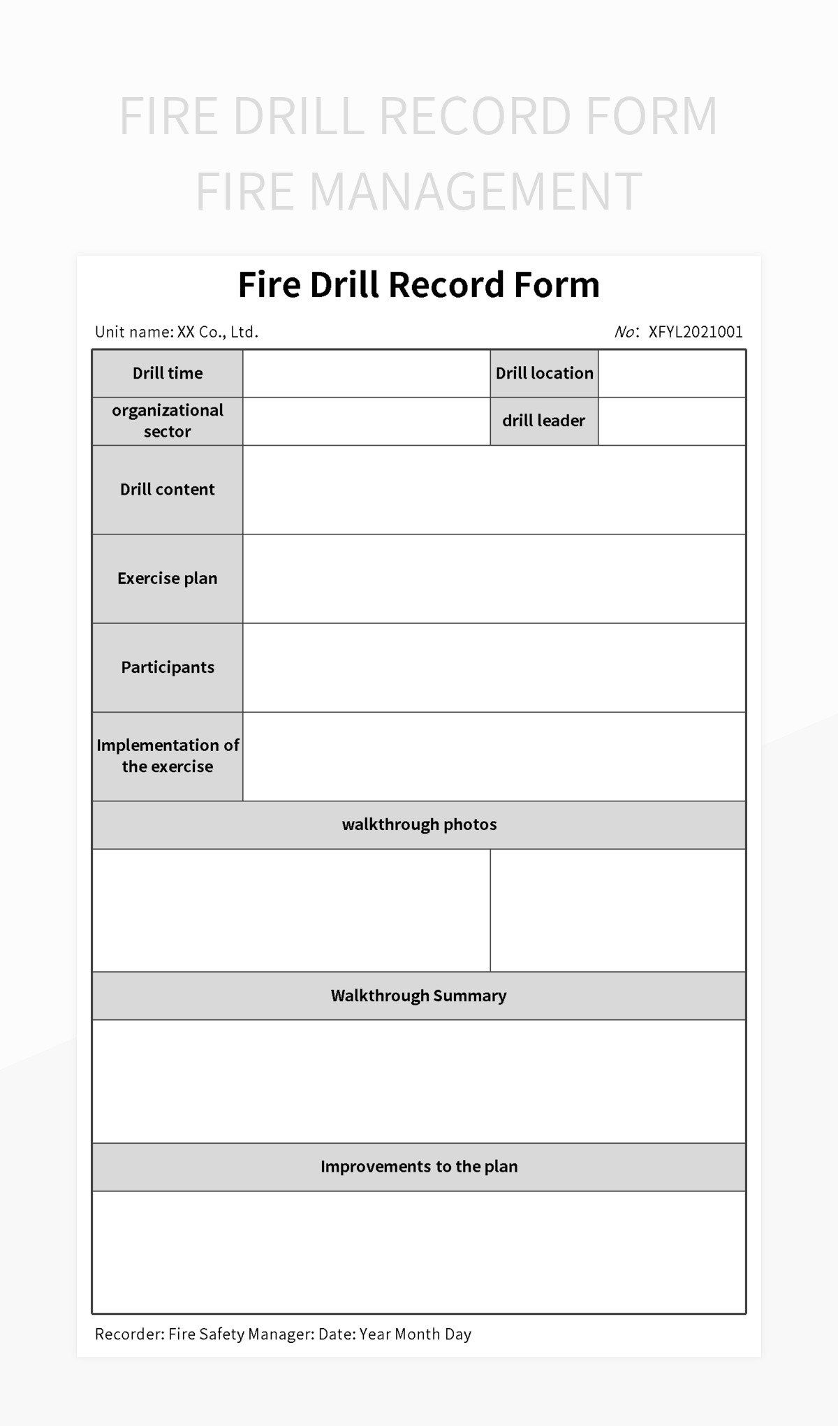 Fire Drill Record Form Fire Management Excel Template And Google Sheets File For Free Download Slidesdocs