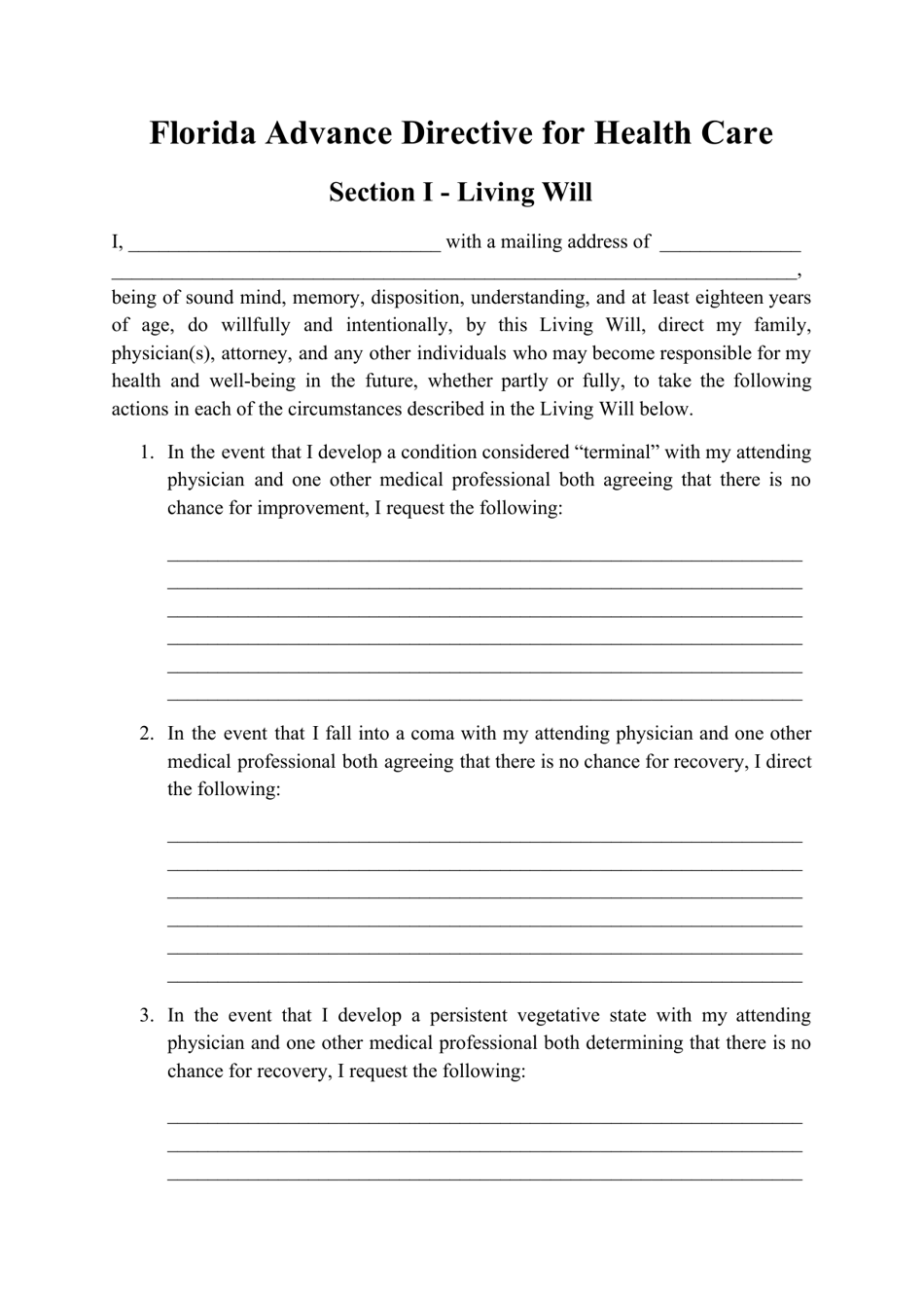 Florida Advance Directive For Health Care Form Fill Out Sign 