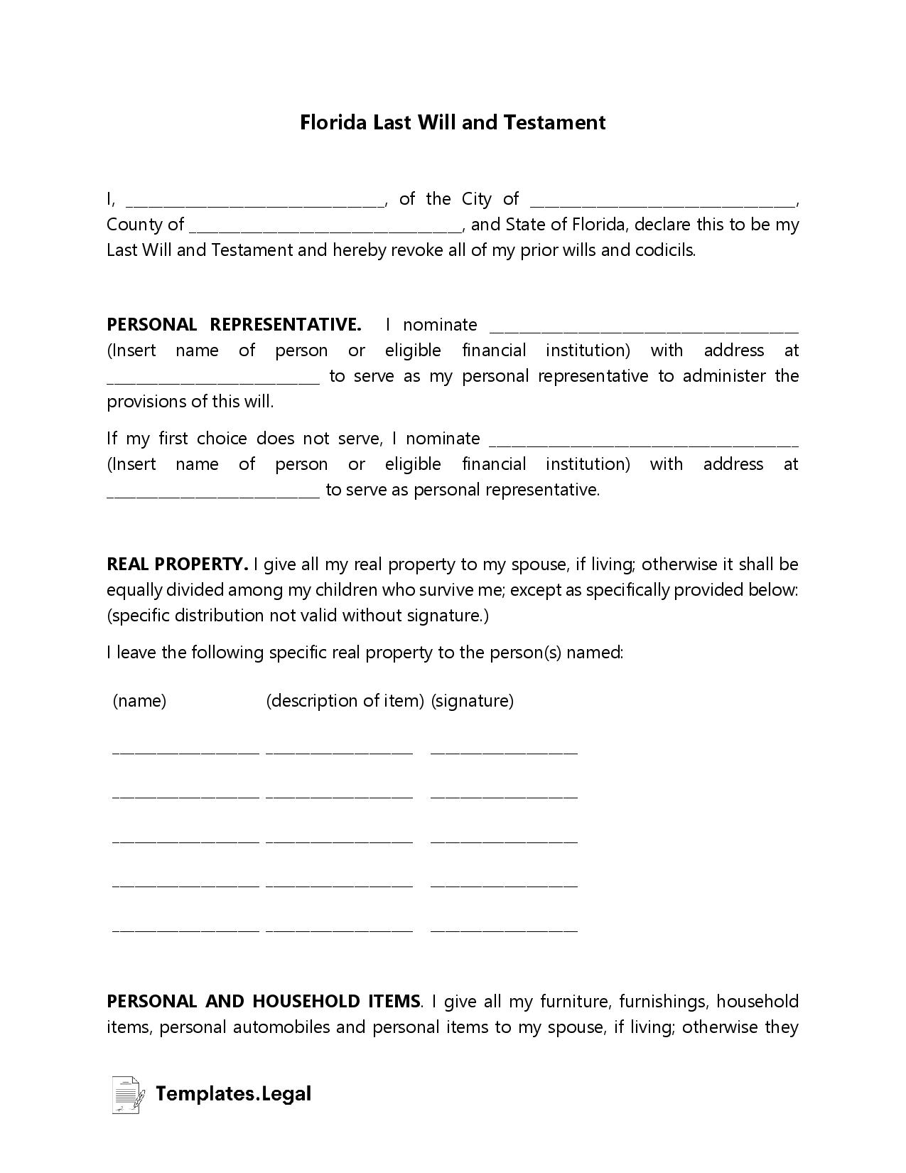 Florida Last Will And Testament Templates Free Word PDF ODT 