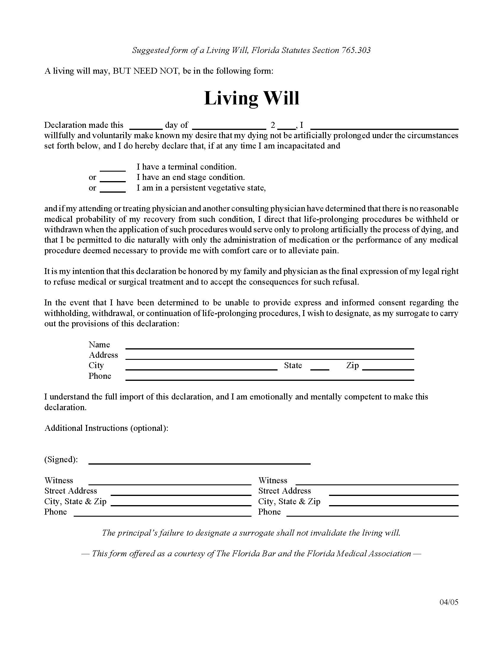 Florida Will Forms Last Will And Testament Living Will 