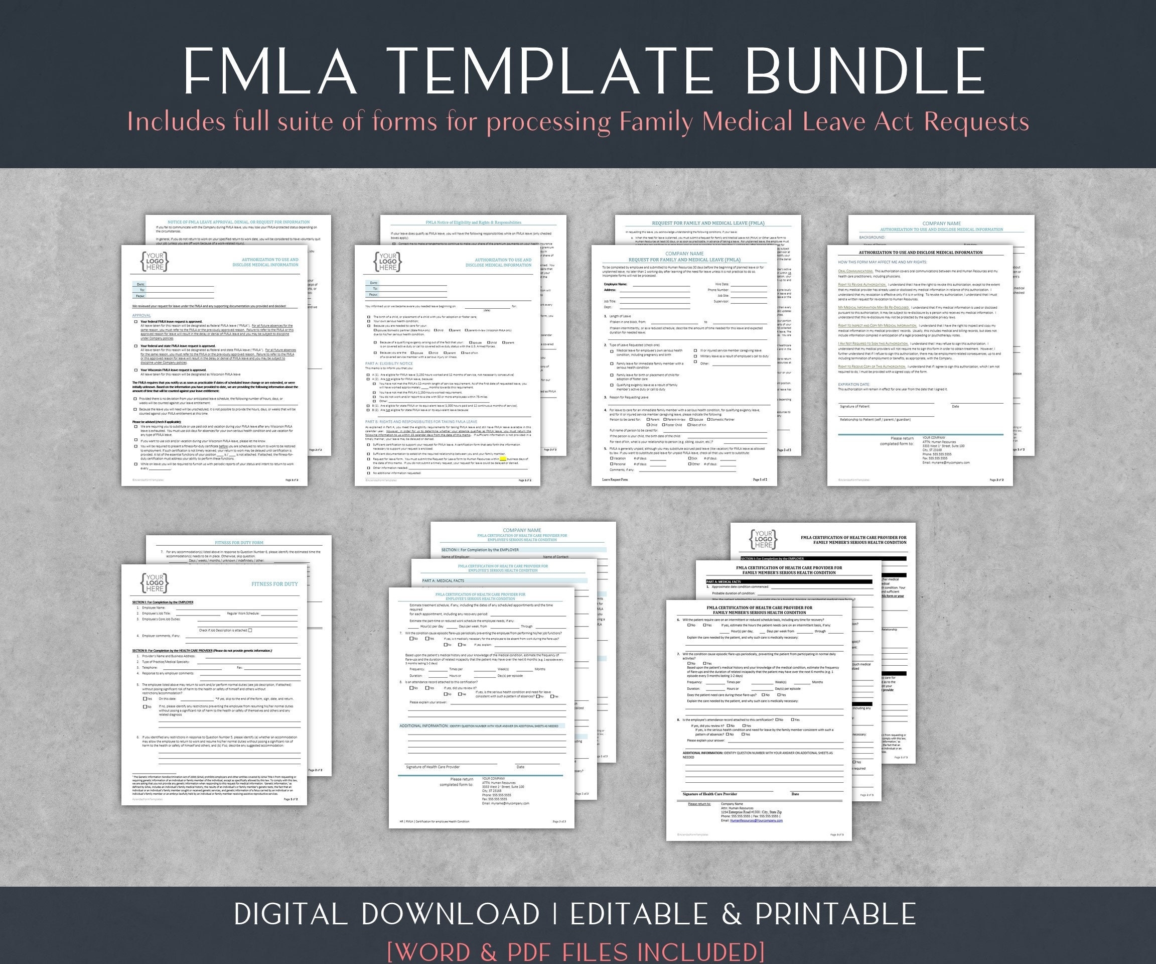 FMLA Form Templates Bundle 9 Essential Forms Human Resources Fitness For Duty Certification For Medical Condition 8 5x11 Word Etsy