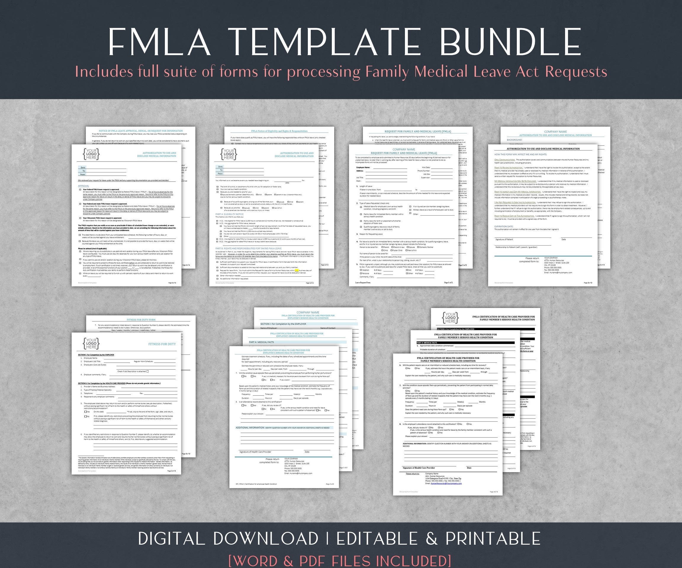 FMLA Form Templates Bundle 9 Essential Forms Human Resources Fitness For Duty Certification For Medical Condition 8 5x11 Word Etsy