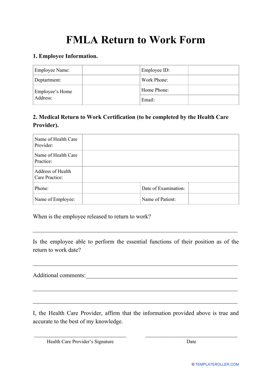 Fmla Return To Work Form Fill Out Sign Online And Download PDF Templateroller