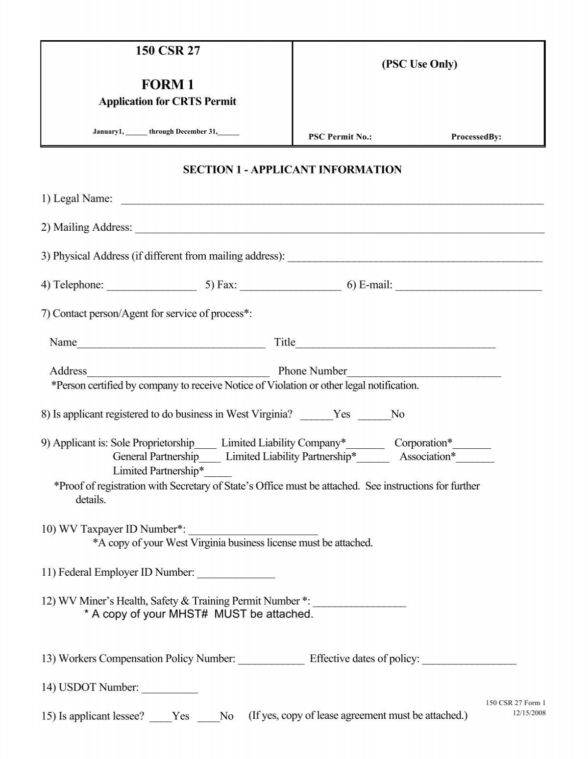 FORM 1 Public Service Commission Of West Virginia