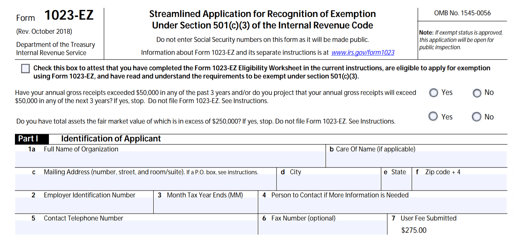 Form 1023 EZ Streamlined Application For Recognition Of Exemption Under 