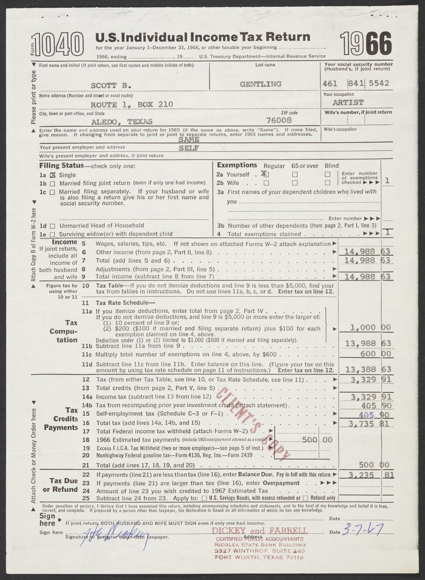 Form 1040 U S Individual Income Tax Return For Scott Gentling 