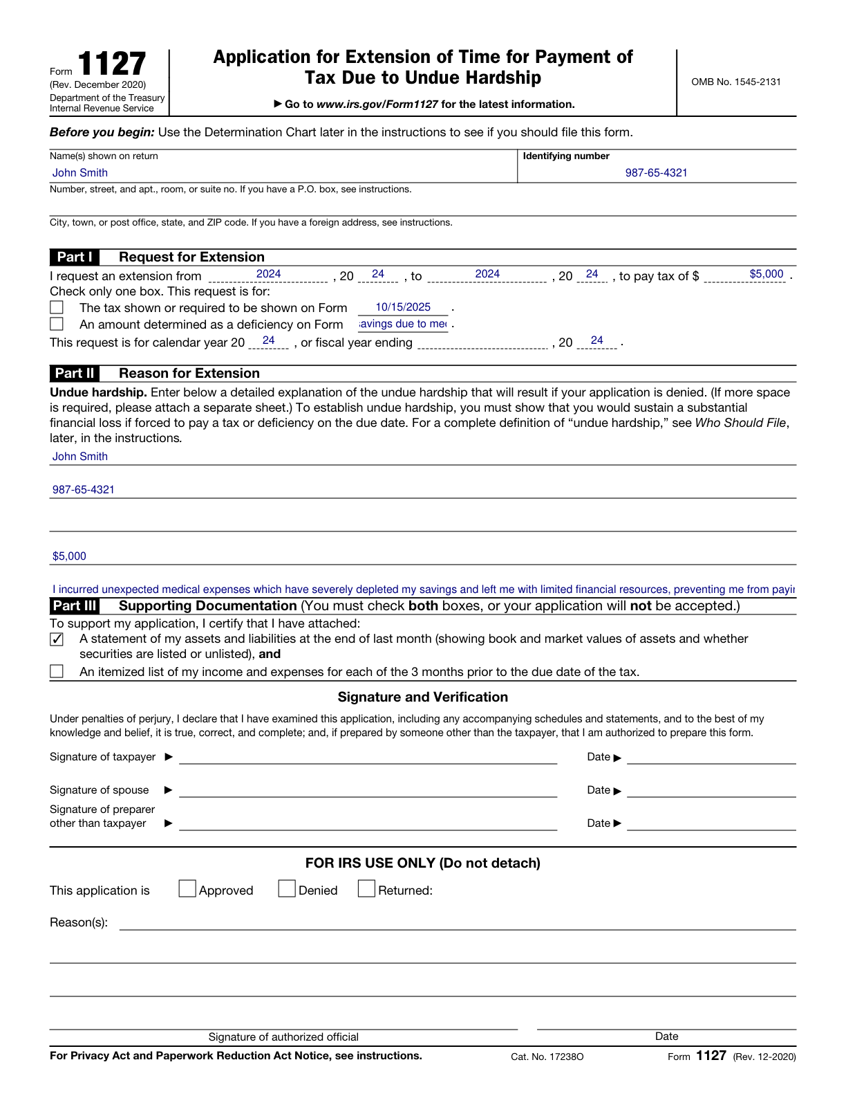 Form 1127 Application For Extension Of Time For Payment Of Tax Due To Undue Hardship Examples And Samples