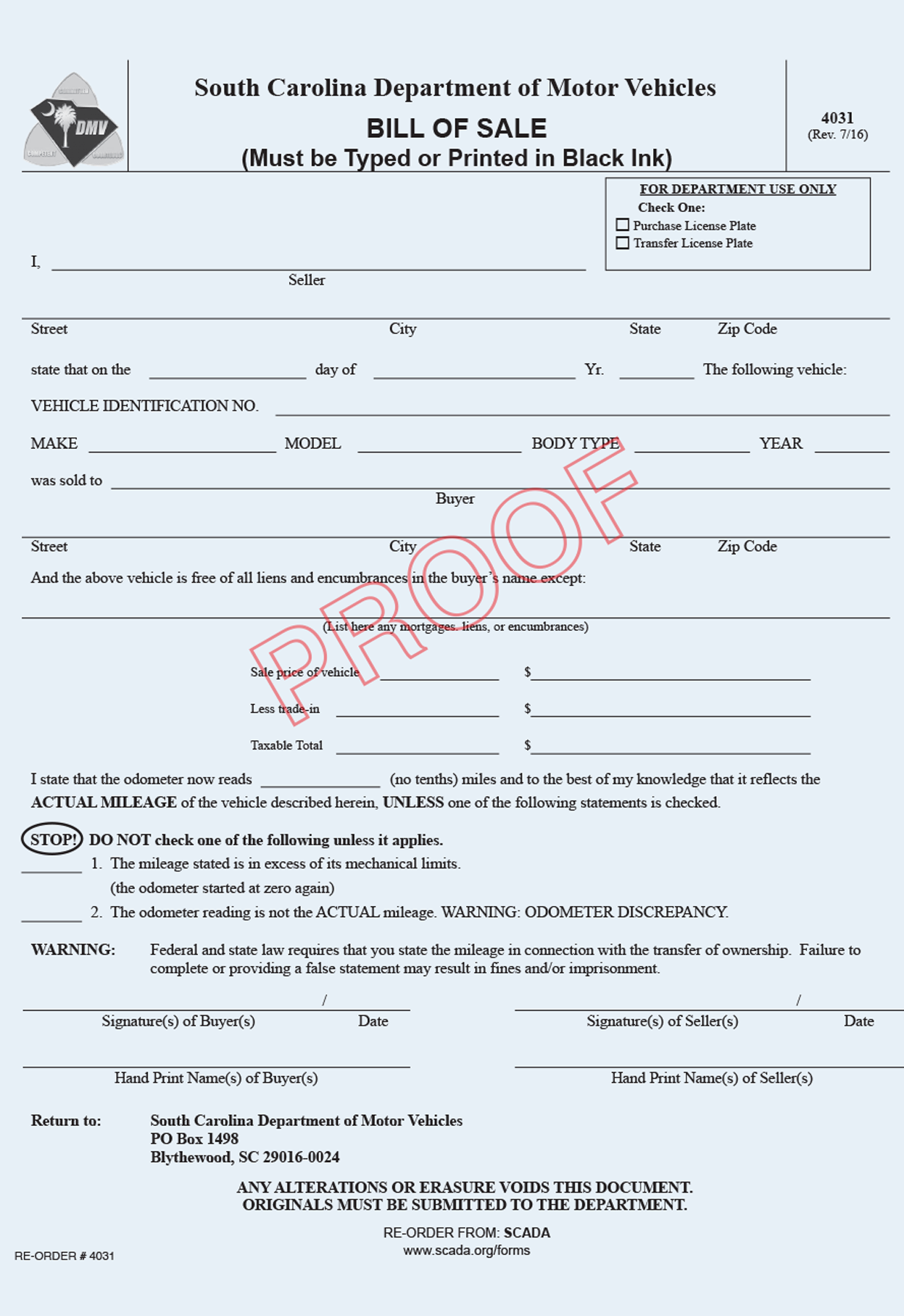 Form 4031 Bill Of Sale South Carolina Automobile Dealers Association