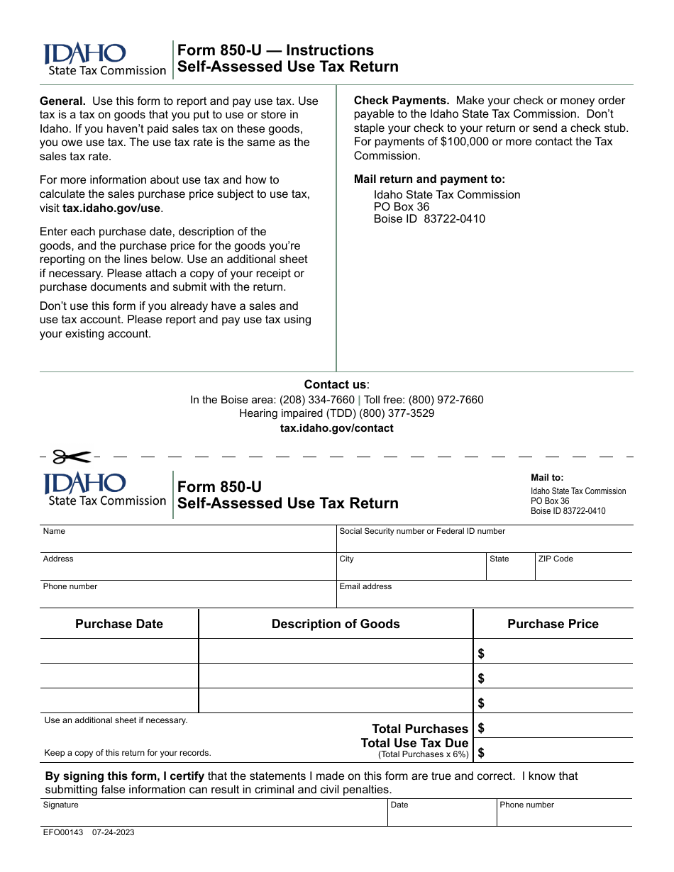 Form 850 U EFO00143 Fill Out Sign Online And Download Fillable PDF Idaho Templateroller