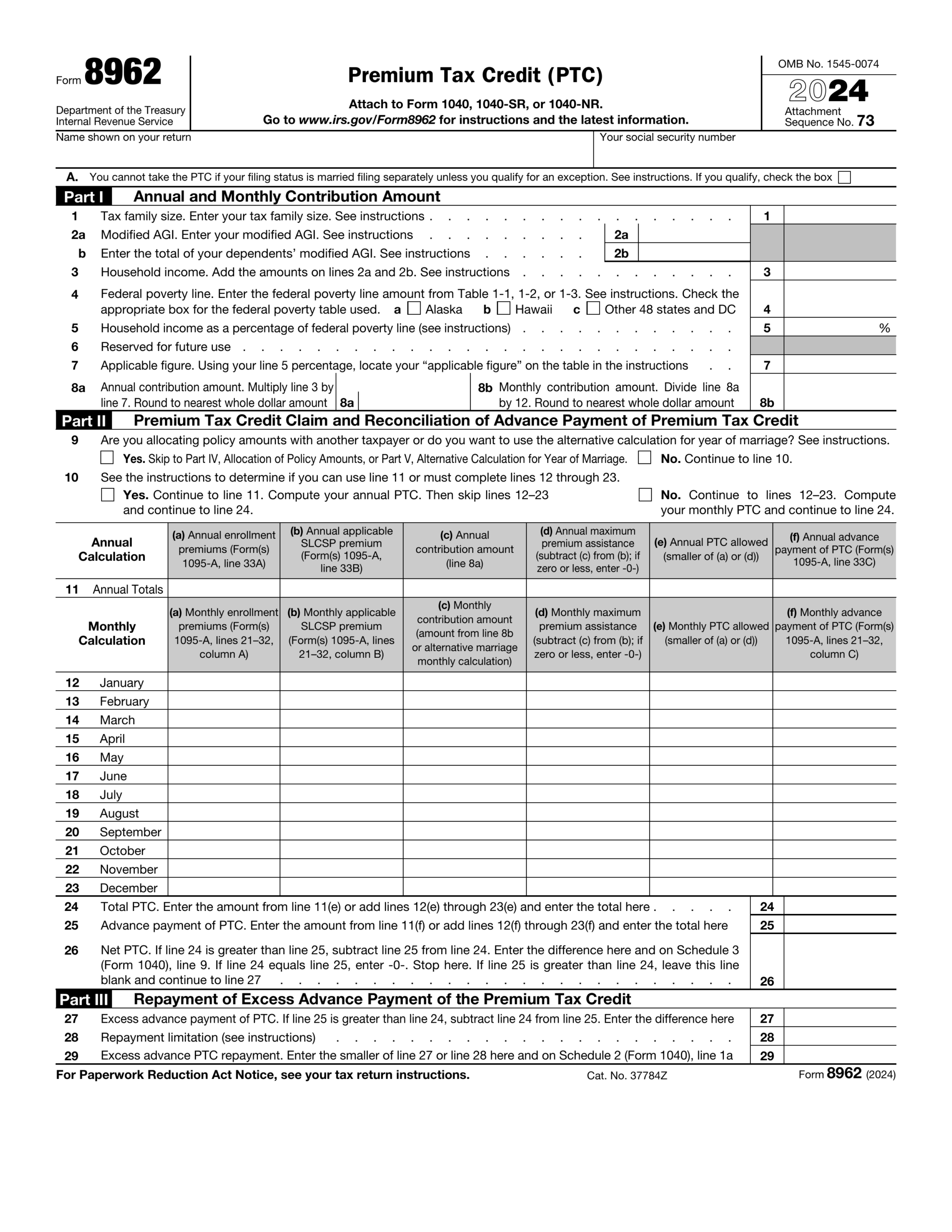 Form 8962 For 2024 2025 Fill Edit And Download PDF Guru