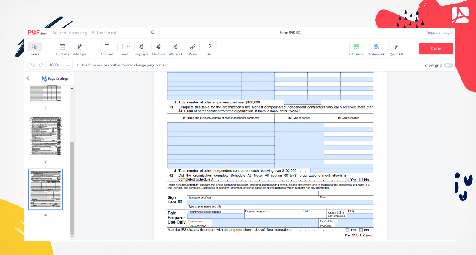 Form 990 EZ Print And Sign Form 990 EZ Online PDFliner