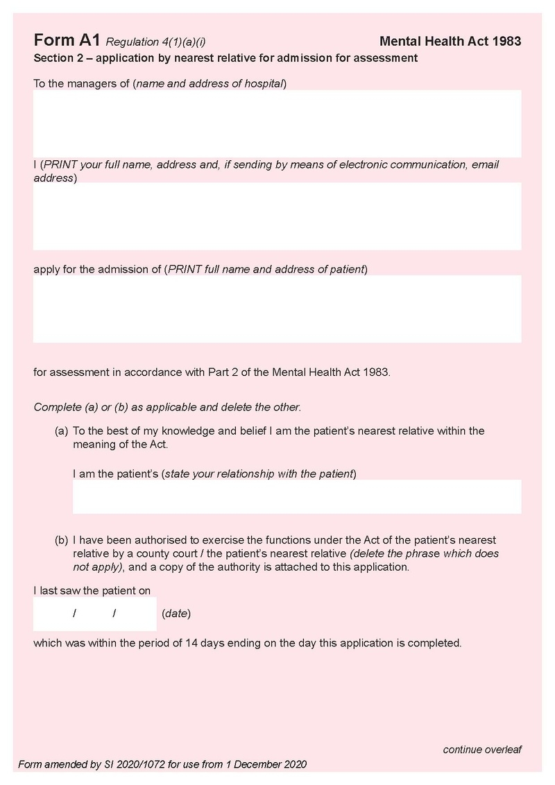 Form A1 Section 2 Application By Nearest Relative For Admission For Assessment Mental Health Law Online