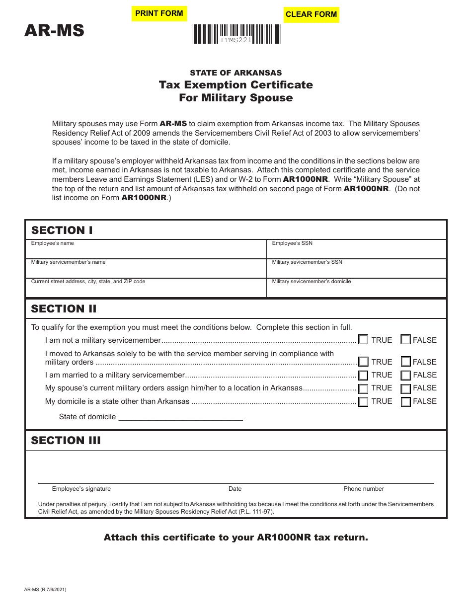 Form AR MS Download Fillable PDF Or Fill Online Tax Exemption Certificate For Military Spouse Arkansas Templateroller