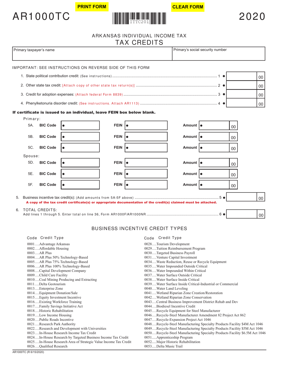 Form AR1000TC 2020 Fill Out Sign Online And Download Fillable PDF Arkansas Templateroller