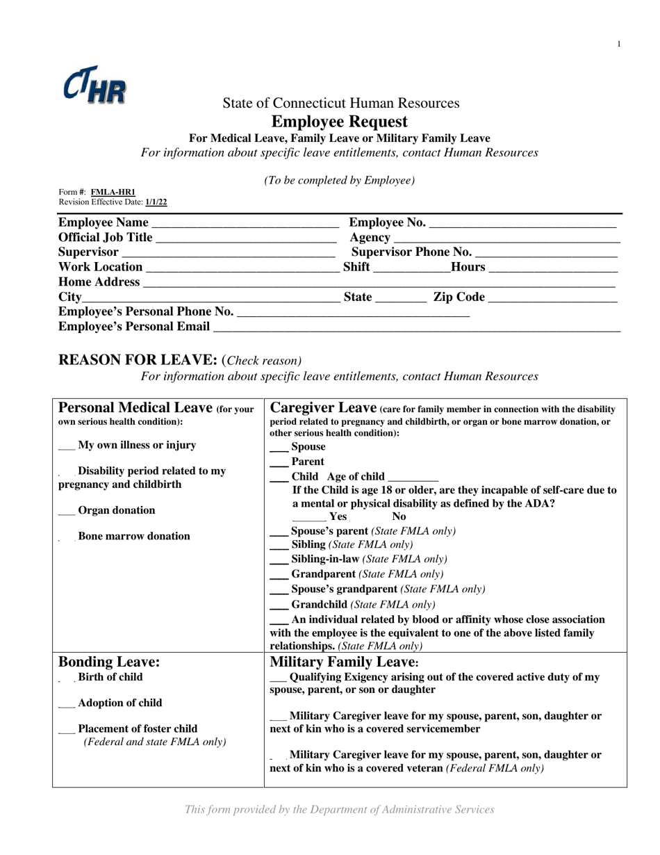 Form FMLA HR1 Download Fillable PDF Or Fill Online Employee Request For Medical Leave Family Leave Or Military Family Leave Connecticut 2018 2025 Templateroller
