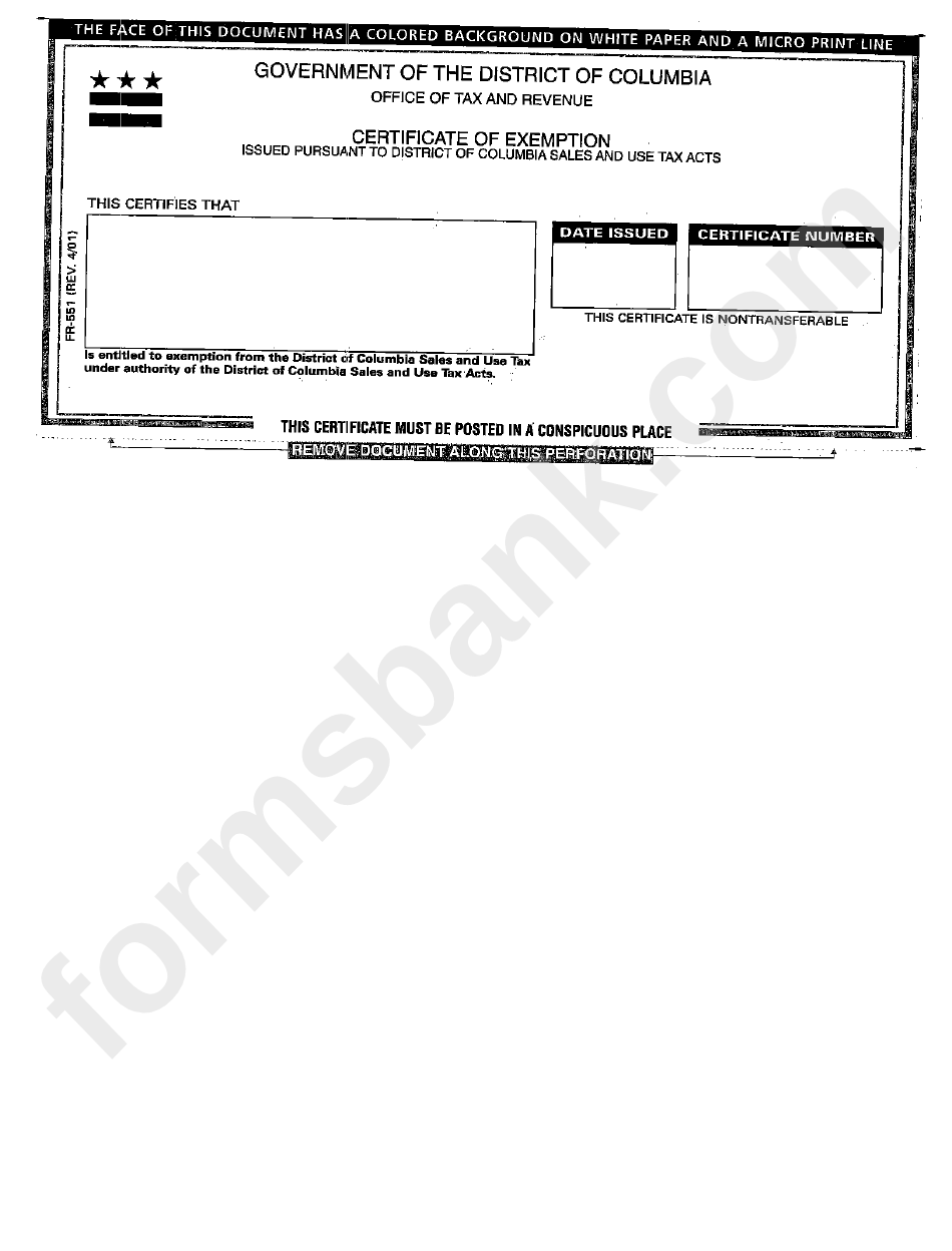 Form Fr 551 Certificate Of Exemption Form Printable Pdf Download