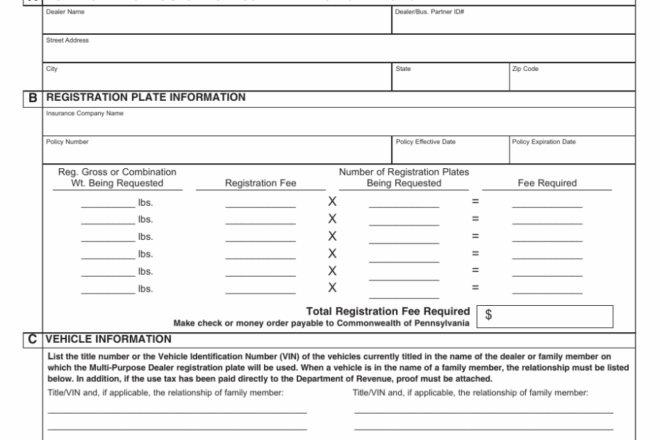 Form MV 326 Download Fillable PDF Or Fill Online Application For Multi Purpose Dealer Registration Plate Pennsylvania Templateroller