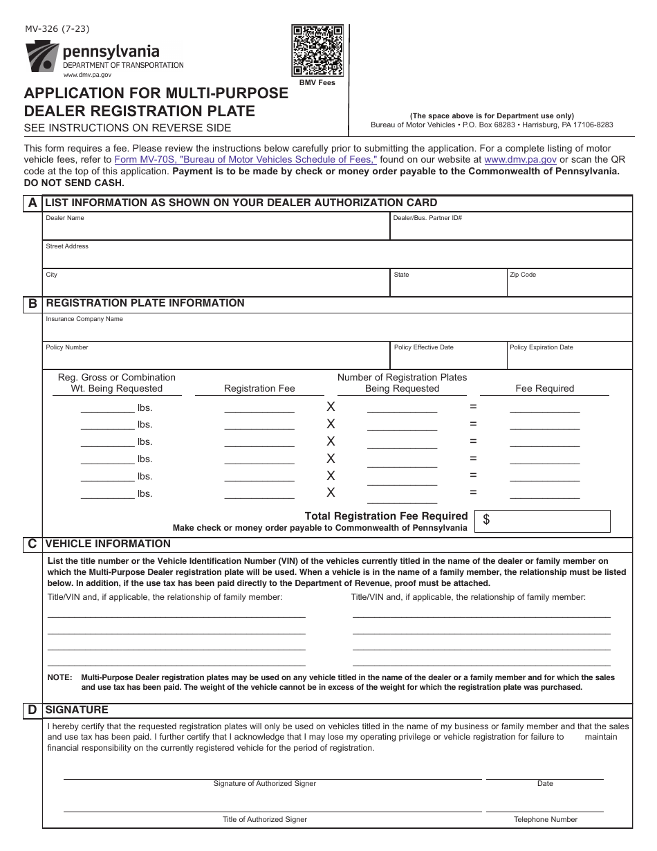 Form MV 326 Download Fillable PDF Or Fill Online Application For Multi Purpose Dealer Registration Plate Pennsylvania Templateroller