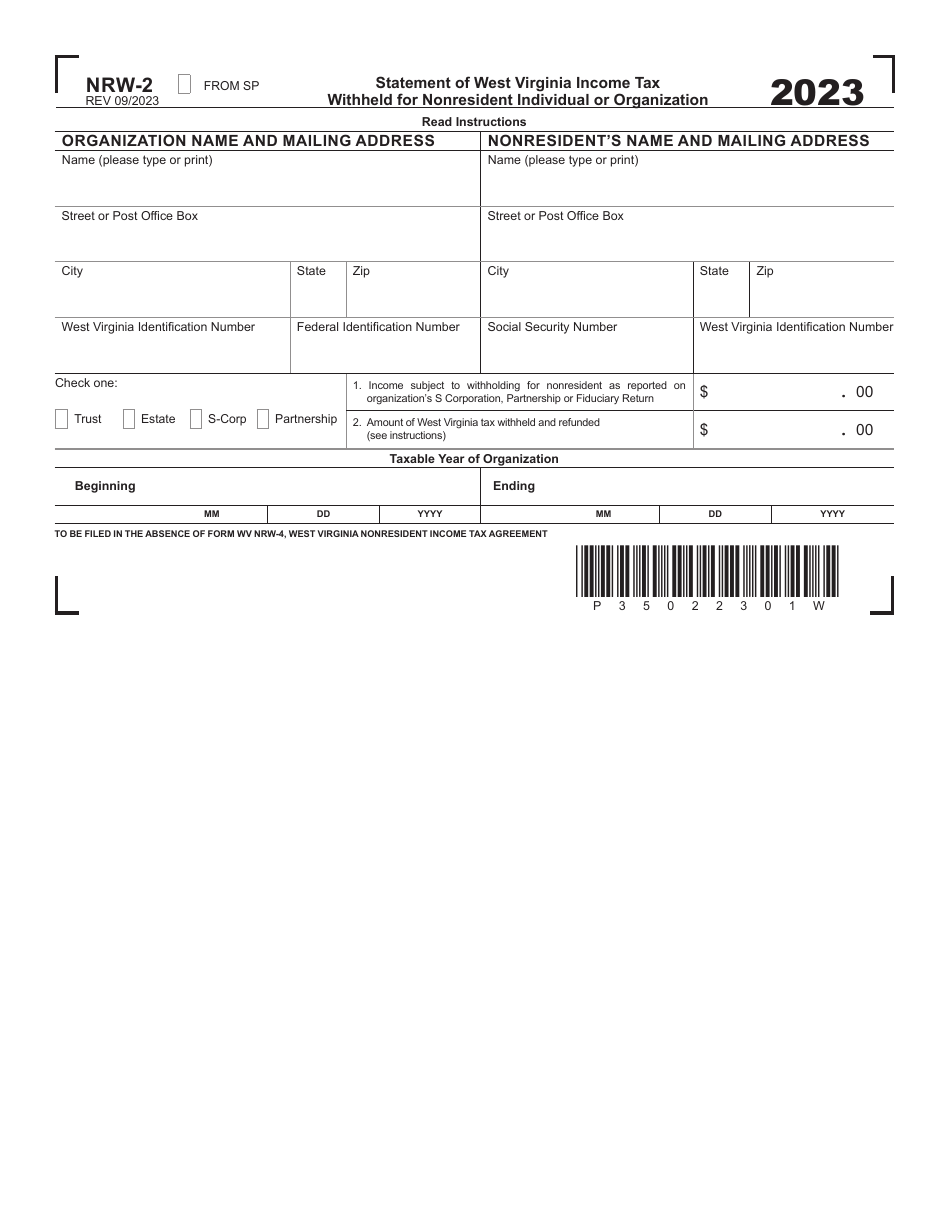Form NRW 2 Download Printable PDF Or Fill Online Statement Of West Virginia Income Tax Withheld For Nonresident Individual Or Organization 2023 West Virginia 2019 2025 Templateroller