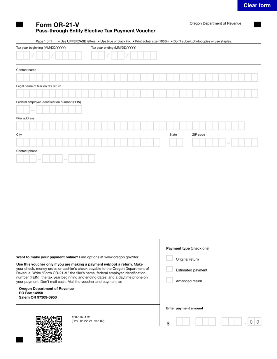Form OR 21 V 150 107 172 Fill Out Sign Online And Download 