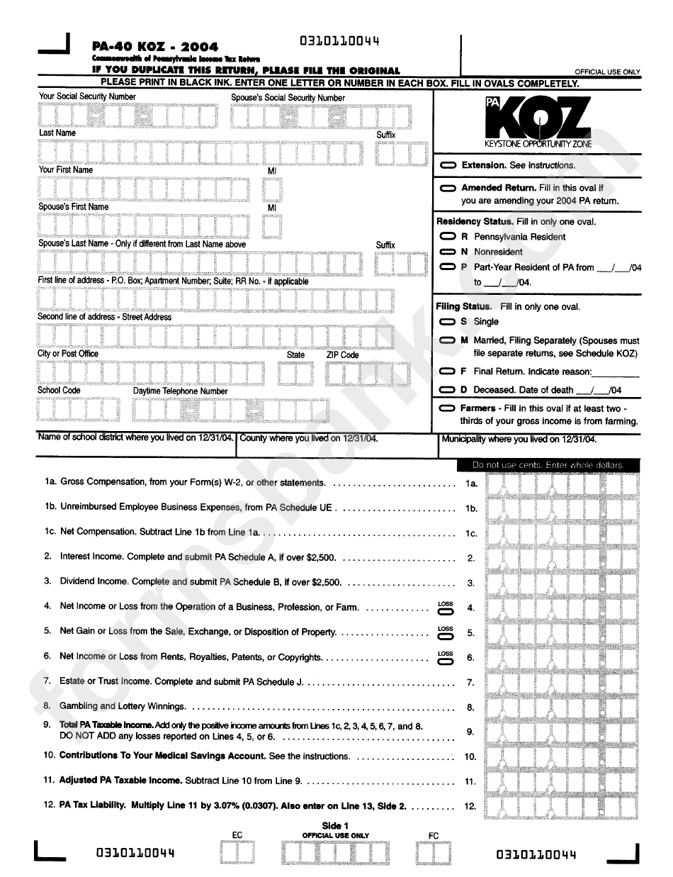 Form Pa 40 Koz Commonwealth Of Pennsylvania Income Tax Return Pa Keystone Opportunity Zone 2004 Printable Pdf Download