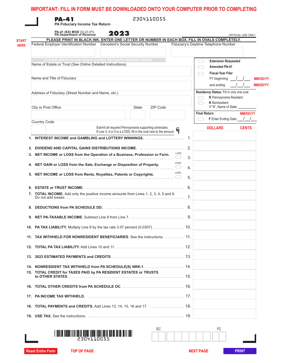 Form PA 41 Download Fillable PDF Or Fill Online Pennsylvania 