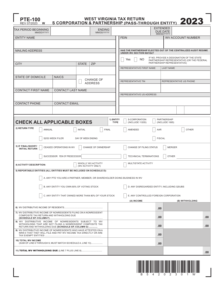 Form PTE 100 Download Printable PDF Or Fill Online West Virginia Tax Return S Corporation U0026 Partnership Pass Through Entity 2023 West Virginia 2020 2025 Templateroller