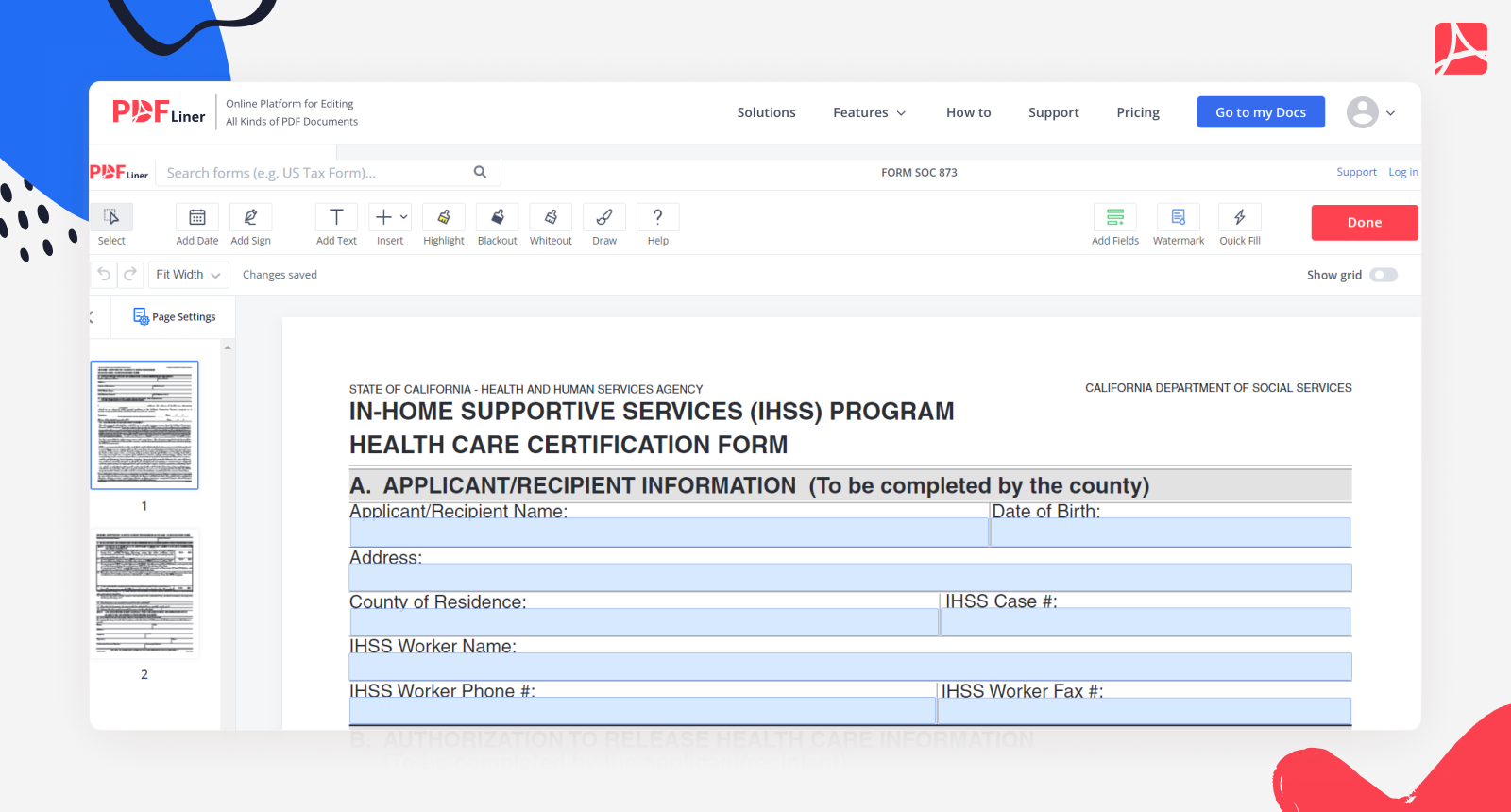 Form SOC 873 Blank Template To Fill PDFLiner