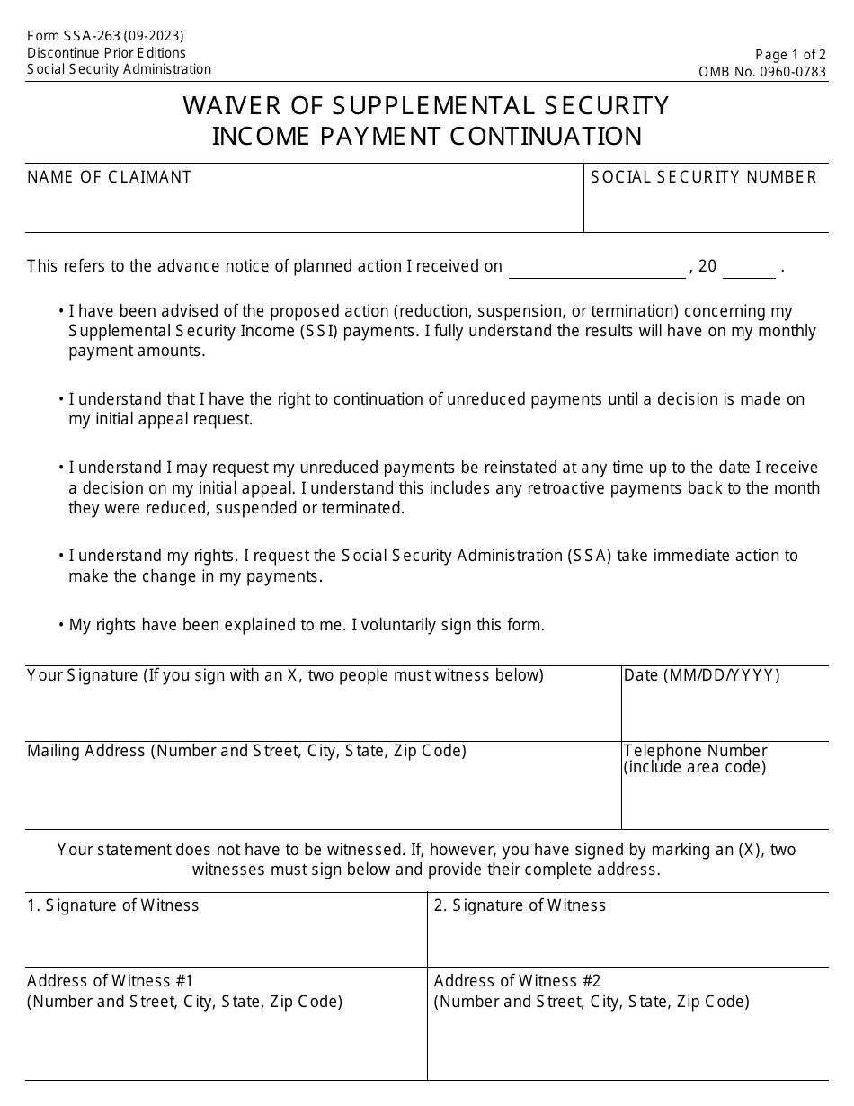 Form SSA 263 Download Fillable PDF Or Fill Online Waiver Of 