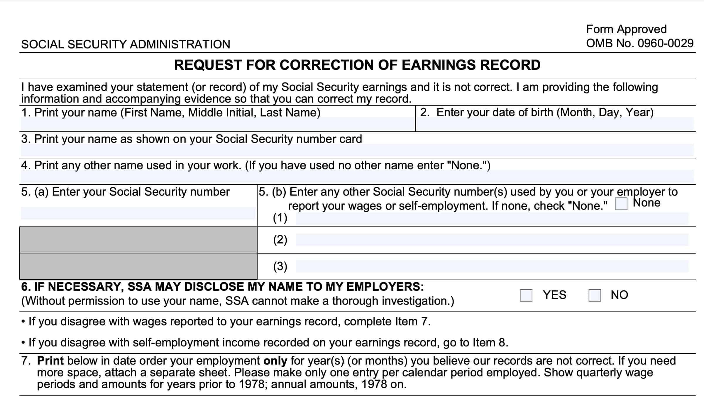 Form SSA 7008 Instructions Updating Your Social Security Record