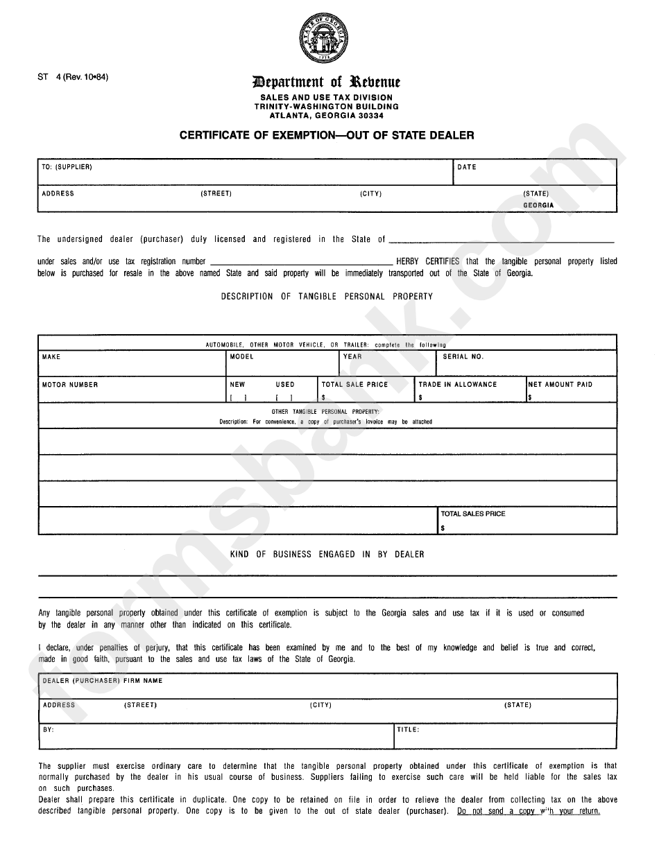 Form St 4 Certificate Of Exemption Out Of State Dealer Georgia Department Of Revenue Printable Pdf Download