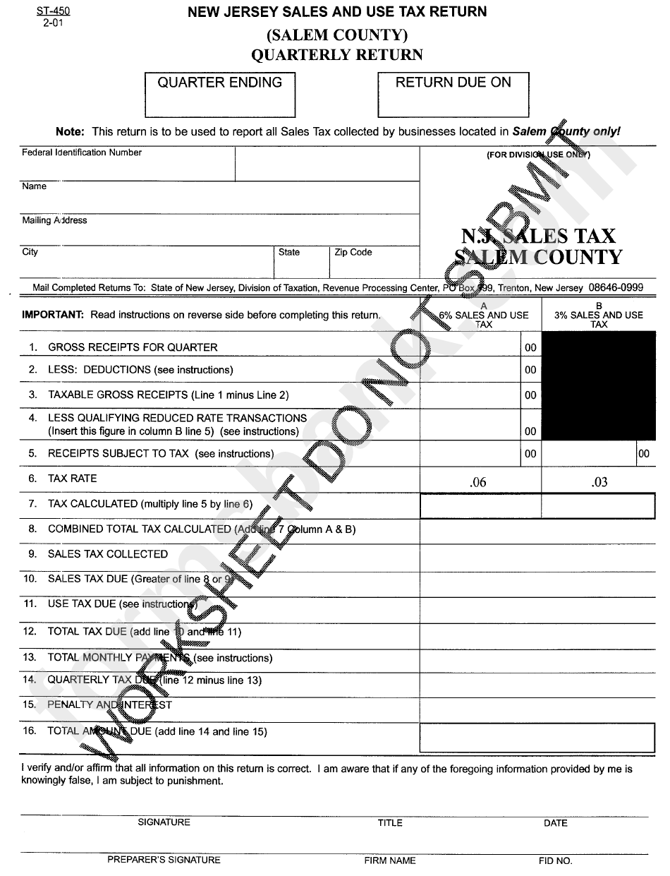 Form St 450 New Jersey Sales And Tax Return Salem County Quarterly Return Printable Pdf Download