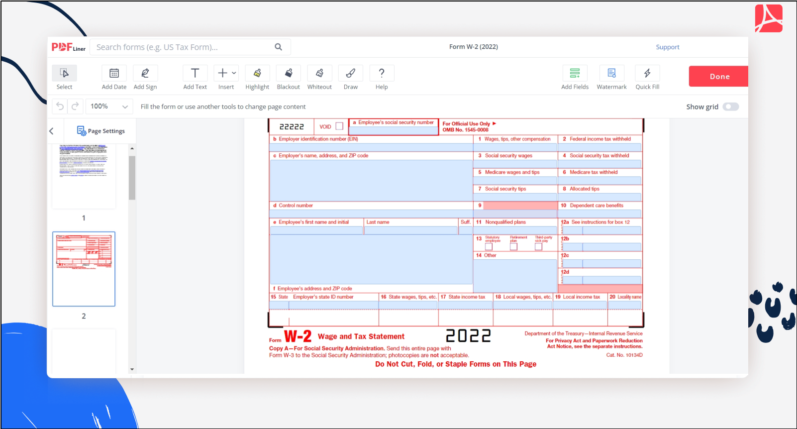 Form W 2 2022 Printable Form W 2 Sign Forms Online PDFliner