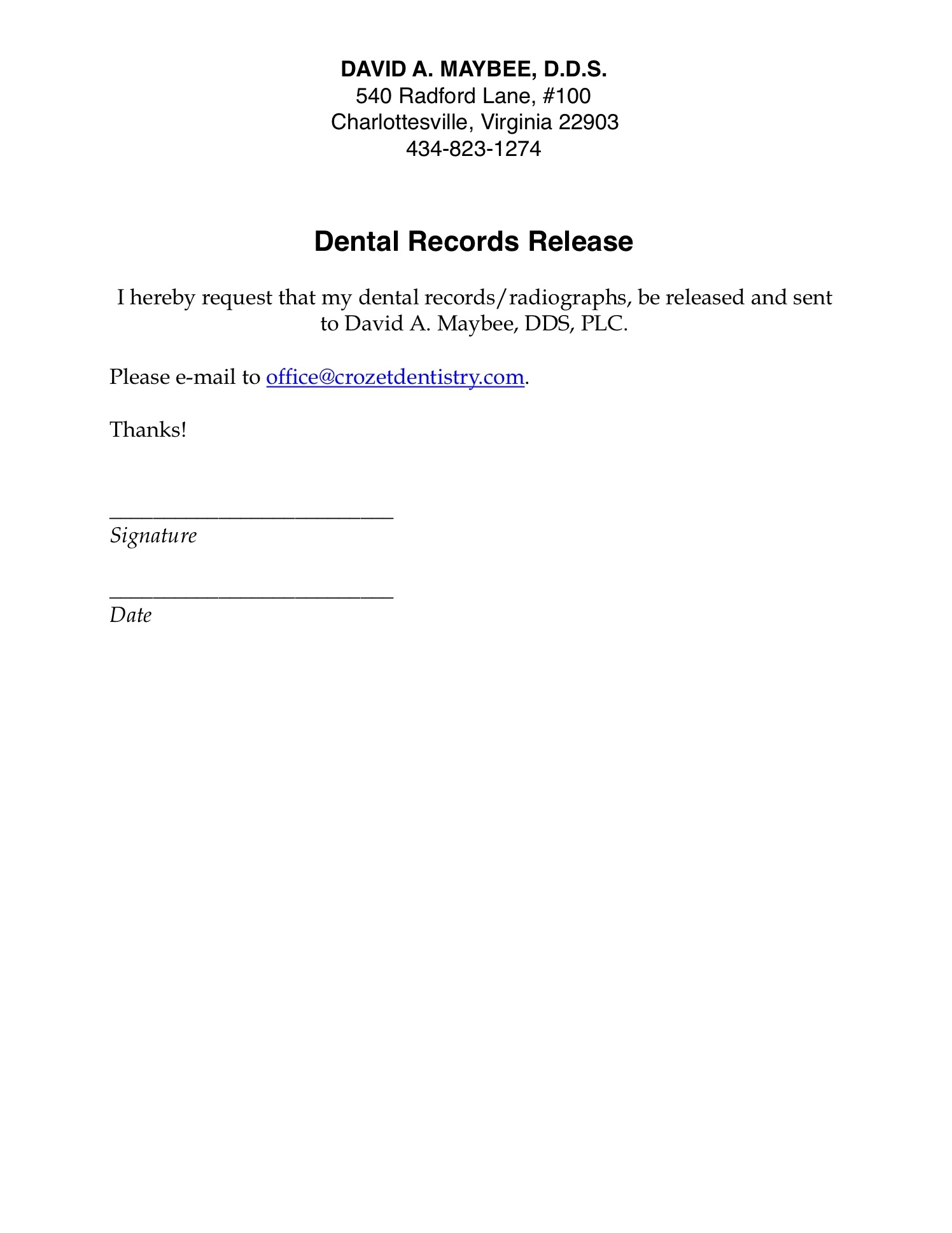 Forms David A Maybee DDS