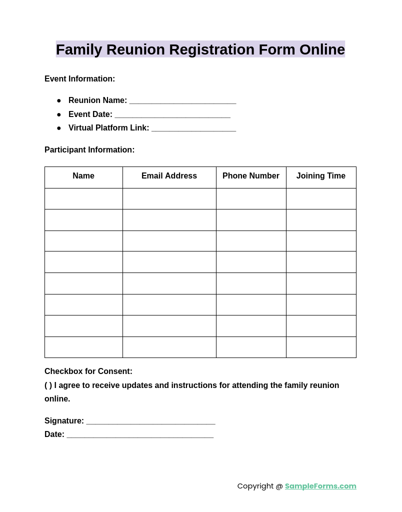 FREE 13 Family Reunion Registration Form Samples PDF MS Word Google Docs Excel