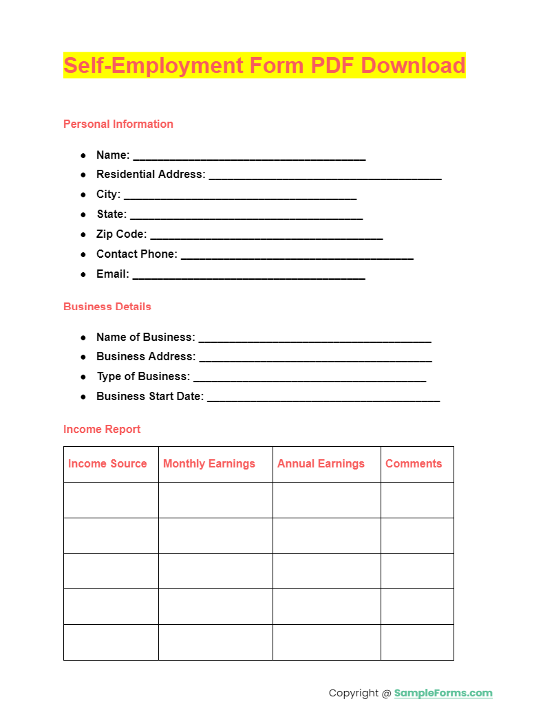 FREE 14 Self Employment Form Samples PDF MS Word Google Docs Excel