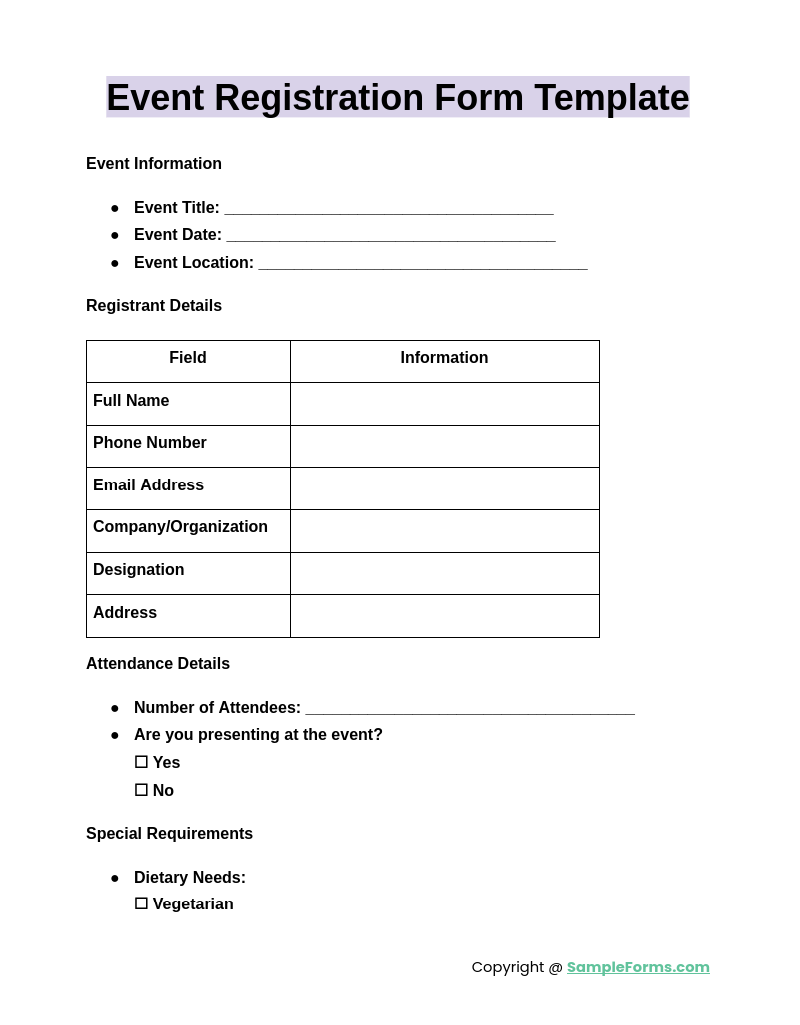 FREE 18 Event Registration Form Samples PDF MS Word Google Docs Excel