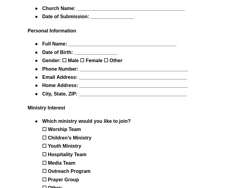 FREE 44 Church Form Samples PDF MS Word Google Docs Excel