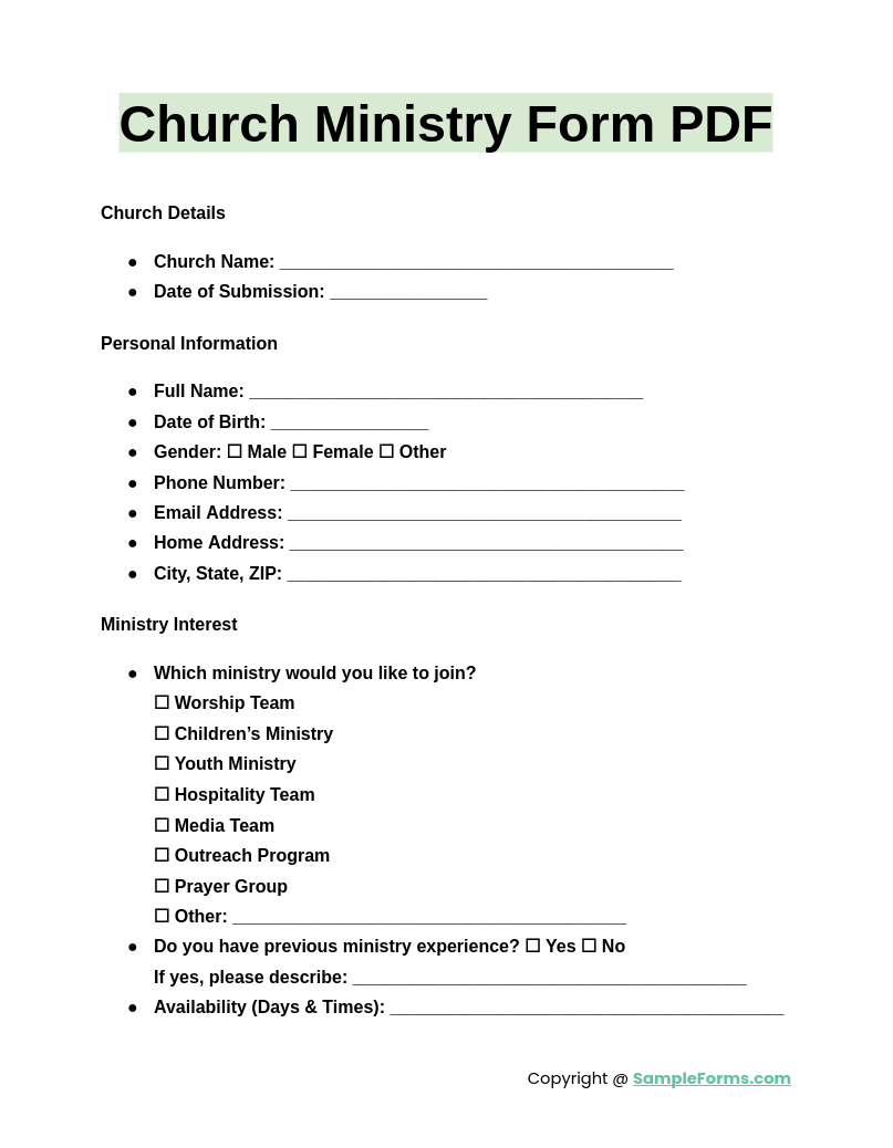 FREE 44 Church Form Samples PDF MS Word Google Docs Excel