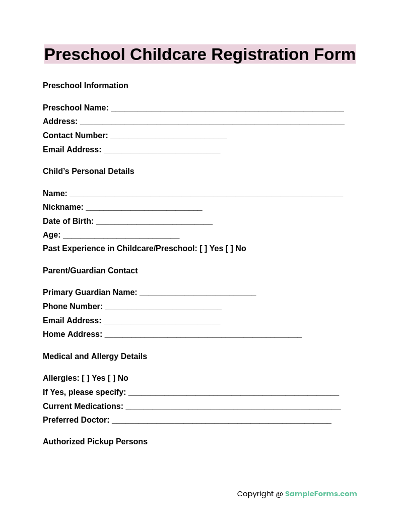 FREE 53 Childcare Registration Form Samples PDF MS Word Google Docs